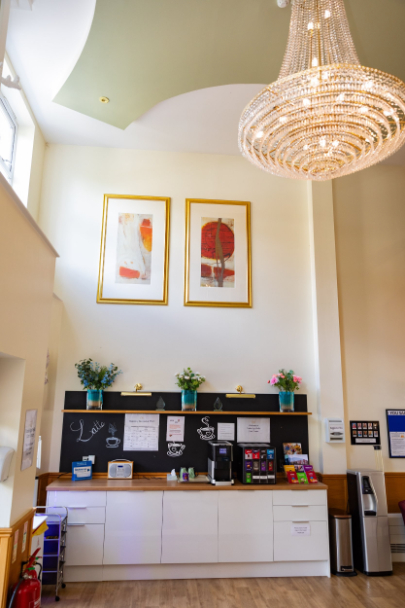 Reception area with chandelier