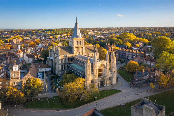 Rochester Cathedral in autumn tints at sunset